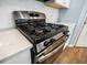 Close up view of the stainless steel gas cooktop and oven, with white quartz countertops at 107 Cotton Blossom Way, Summerville, SC 29485