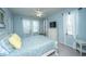 This bedroom features a light blue color scheme, a ceiling fan, and windows dressed with white curtains at 1253 Dingle Rd, Mount Pleasant, SC 29466