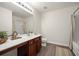 Well-lit bathroom with modern vanity, large mirror, and wood-look flooring at 199 Decatur Dr, Summerville, SC 29486