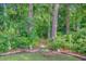 Backyard with walkway, garden statues and wooded area with beautiful vegetation at 206 President Cir, Summerville, SC 29483