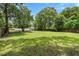 Large, grassy backyard with scattered shade trees and partial view of the house and a fence at 3284 Sassy Dr, Johns Island, SC 29455