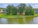 Aerial view of a tranquil pond surrounded by houses at 5256 Mulholland Dr, Summerville, SC 29485