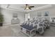 Cozy main bedroom offers a tray ceiling, a ceiling fan, an ensuite, and large windows at 528 Fern Tree Dr, Summerville, SC 29486