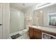 Bathroom with a glass shower, a single sink vanity and a marble-look floor at 7164 Sweetgrass Blvd, Hanahan, SC 29410