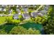 Aerial view showcases home's backyard with pond, blending neighborhood charm with nature's beauty at 158 Balsam Cir, Summerville, SC 29485