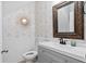 Powder room with decorative wallpaper, wainscoting, vanity, mirror and toilet at 158 Balsam Cir, Summerville, SC 29485