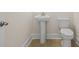 Powder room boasts modern fixtures, pedestal sink, and toilet with wood grain floor at 205 Bilge Rd, Ridgeville, SC 29472