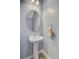 Stylish powder room with a pedestal sink, mirror and a warm light at 494 Pender Woods Dr, Summerville, SC 29486