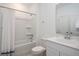 Neat bathroom featuring a shower with white curtains, a toilet, and a single vanity sink at 173 Threaded Fern Lndg, Summerville, SC 29485