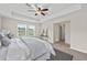 Large bedroom featuring tray ceilings, fan, carpet, and large windows with an exterior view at 316 Beachgrass Ln, Summerville, SC 29486