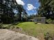 Large backyard with grass and a shed, surrounded by mature trees at 409 Azalea Dr, Walterboro, SC 29488