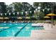 Long community swimming pool featuring lap lanes, lounge chairs, and white pennant decorations at 93 French Garden Cir, Summerville, SC 29486