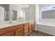 Bright main bathroom features double sinks, warm wood cabinets, a tub and a window at 113 Amaranth Ave, Summerville, SC 29483