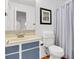 Cozy bathroom with blue and white accents, including a framed artwork and striped shower curtain at 1136 Shadow Lake Cir, Mount Pleasant, SC 29464