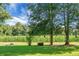 Large grassy backyard with a fire pit, corn field and mature trees at 4428 Maple Ridge Rd, Walterboro, SC 29488