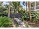 Private backyard featuring a stone pathway, lush landscaping, and a dark wooden fence, creating a serene escape at 512 Whilden St, Mount Pleasant, SC 29464