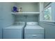 Functional laundry room with a washer, dryer, and upper shelving for storage at 565 Estates Dr, Walterboro, SC 29488
