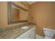 Half bathroom with vanity, decorative mirror, granite counter and traditional fixtures at 8725 Herons Walk, North Charleston, SC 29420