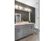 Modern bathroom featuring a double sink vanity with gray cabinetry and a walk-in shower at 211 Line St, Charleston, SC 29403