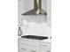 Close-up of a modern gas cooktop with white subway tile backsplash and stainless steel range hood at 2313 Bucktail Ct, Mount Pleasant, SC 29466