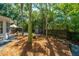 Lush backyard landscape with mature trees, a wooden shed, and patio area at 3002 Waterway Blvd, Isle of Palms, SC 29451