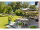 Lush backyard with outdoor dining, lounging areas, and manicured lawn offering a serene setting for relaxation and entertainment at 429 Venning St, Mount Pleasant, SC 29464