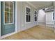 Inviting front porch with a charming turquoise door and wood flooring at 615 Du Bois Dr, Johns Island, SC 29455