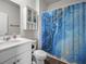 Bathroom with white vanity, medicine cabinet, and blue decorative shower curtain at 1032 Peridote Way, Ladson, SC 29456