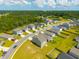 Aerial view showcasing the neighborhood layout with various home styles, manicured lawns, and a tranquil pond at 1032 Peridote Way, Ladson, SC 29456