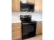 Close up of the black stainless steel oven and wood cabinets at 107 Sugarpine Pl, Summerville, SC 29486