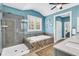 Bathroom featuring a walk-in shower, soaking tub, double sinks, and modern fixtures at 1100 Griswold St, Mount Pleasant, SC 29466