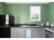 Efficient kitchen with grey cabinets, stainless steel sink, and black refrigerator at 286 Mallard Lake Rd, Dorchester, SC 29437