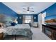 Well-lit main bedroom featuring stylish furniture, carpeting, large windows, ceiling fan, and a television at 412 Grand Palm Ln, Summerville, SC 29485