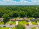 This is an aerial view of well-kept homes with lawns on a tree-lined street under a blue sky with clouds at 439 Temple Rd, Ladson, SC 29456