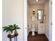 Half bathroom featuring modern fixtures, wood-look flooring, and decorative plants for a fresh feel at 480 Longleaf Dr, Walterboro, SC 29488