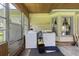 Sun room features a washing machine and dryer laundry setup, complemented by bright, natural light and a wooden ceiling at 604 Longstreet St, Summerville, SC 29486