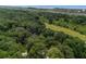 Sweeping aerial shot showcases a lush, wooded property with a glimpse of the coast in the distance at 16 Oakwood Ln, Edisto Island, SC 29438