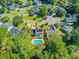 Overhead shot reveals a backyard pool bordered by verdant trees in a neighborhood setting at 180 Willowbend Ln, Summerville, SC 29485