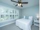 Cozy bedroom features window with blinds and white accents including bed, side table, carpet and ceiling fan at 1971 N North Creek Dr, Mount Pleasant, SC 29466