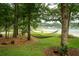 View of idyllic backyard hammock hanging near lake in a lush backyard at 233 Camber Rd, Huger, SC 29450