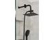 Close-up of a modern, tiled shower with a rain shower head and handheld sprayer, offering a spa-like experience at 233 Camber Rd, Huger, SC 29450