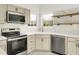 Modern kitchen features stainless steel appliances, white marble-style backsplash, and cabinetry with brass hardware at 3013 Argyll Dr, Summerville, SC 29483