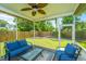 Relaxing screened patio featuring cozy seating, ceiling fan, and serene backyard views at 309 Hathaway Dr, Goose Creek, SC 29445