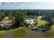 Aerial view of neighborhood pool with nearby dock and homesites in lush forest setting at 1130 Plantation Overlook Dr, Moncks Corner, SC 29461