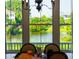 Scenic backyard view of a pond and lush greenery from the dining room window with chandelier at 2312 Rushland Landing Rd, Johns Island, SC 29455