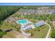 Overhead aerial view showcasing the community pool, pool house, homes and manicured lawns at 357 Parish Farms Dr, Summerville, SC 29486