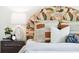 Bedroom details: close-up of bed with patterned headboard and bedside table at 43 Heathwood Dr, Charleston, SC 29407