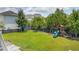 Lush backyard with a grassy lawn, mature trees, a fence and playset, perfect for outdoor enjoyment at 1722 Trewin Ct, Charleston, SC 29492