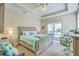 This bedroom features a ceiling fan, tray ceiling, and sliding glass doors leading to a balcony at 269 Village Stone Cir, Summerville, SC 29483
