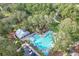 Aerial view of pool, sundeck, and adjacent amenity building surrounded by mature trees and walking paths at 3018 Vincent Astor Dr, Johns Island, SC 29455